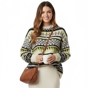 Yellow White Black Oversized Pattern Knit Grandpa Style Sweater Size Extra Small